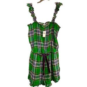NWT Aerie Romper Pajama Green & Blue Plaid‎ Flannel Pockets Women M Sleepwear